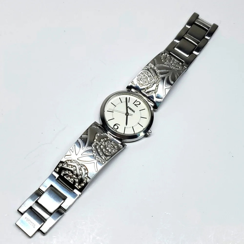 Fossil Blue ES2763 Silver Steel Bangle Floral Pave Wristband White Face